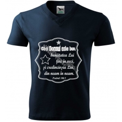 Tricou albastru marin guler V, Caci domnul este bun...